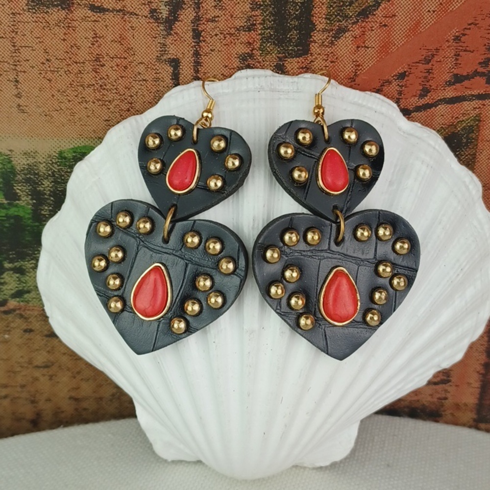 Red Stone Brassy Gold Studded Black Leather DBL Drop Super Cool Heart Earrings